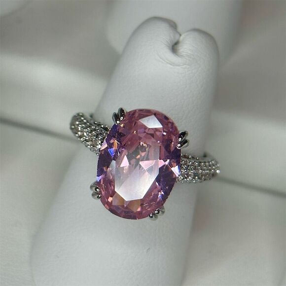 Pink Solitaire Gemstone Ring w/ Clear Accents Silver Plated Engagement size 6 - Picture 10 of 10